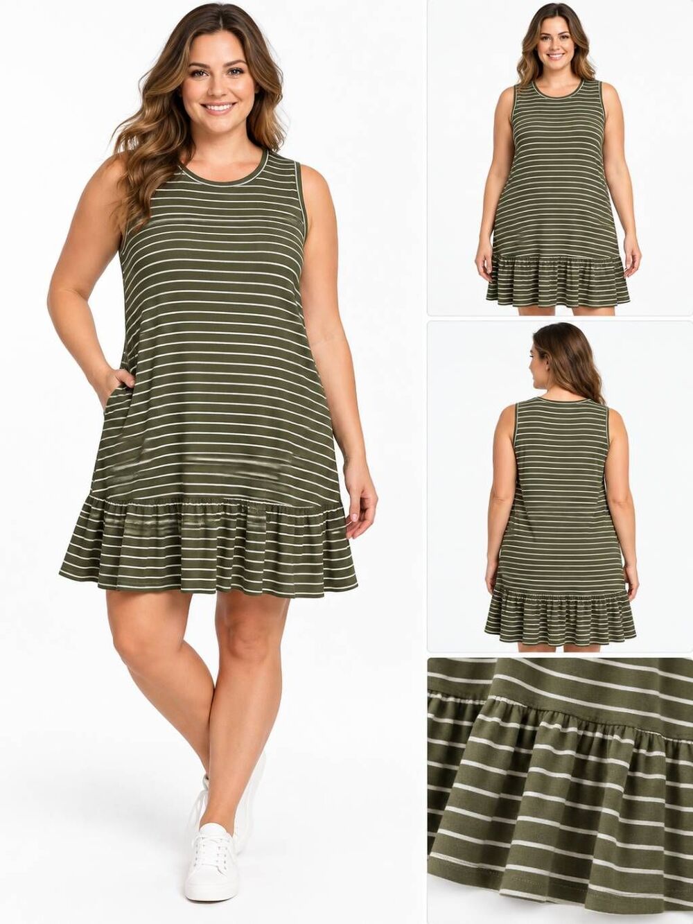 Sonoma Goods for Life Sleeveless Striped Ruffle Hem Dress Women’s XXL Olive Gree